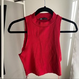 Zara red sleeveless ribbed turtleneck top